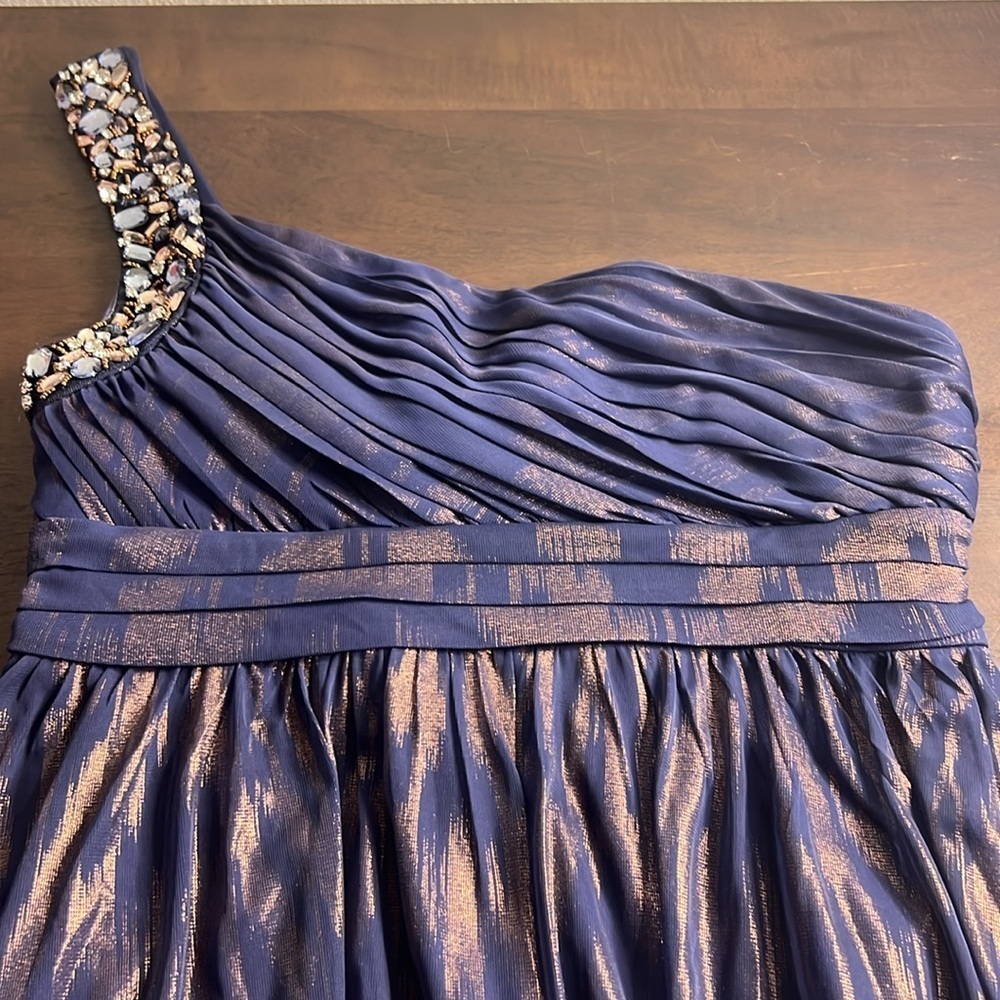 City Triangles Blue and Gold One Shoulder Evening Maxi Gown - Picture 3 of 11